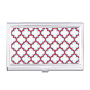 White and Red Trellis, Lattice, Quatrefoil Business Card Case