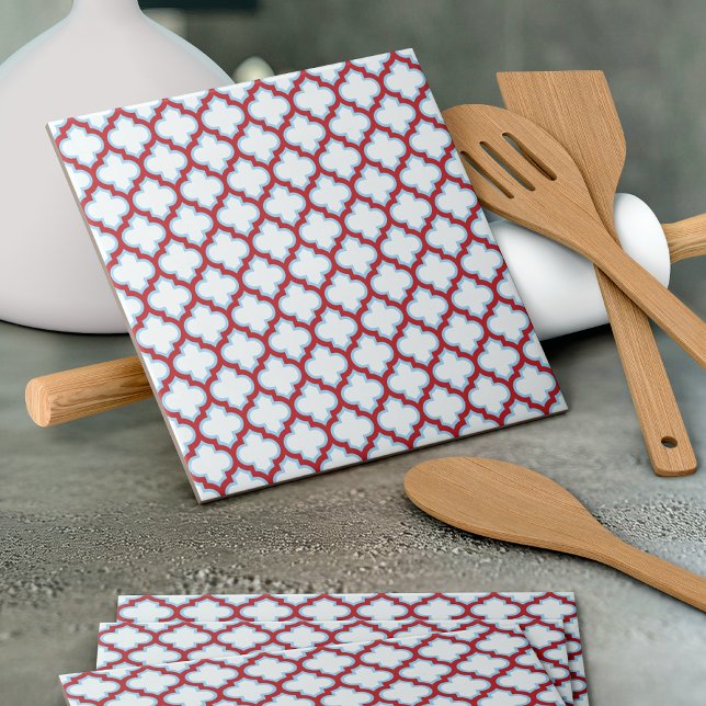 White and Red Trellis, Lattice, Quatrefoil Ceramic Tile (Creator Uploaded)