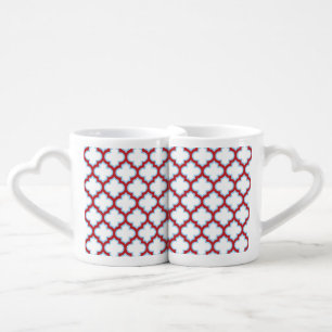 White and Red Trellis, Lattice, Quatrefoil Coffee Mug Set