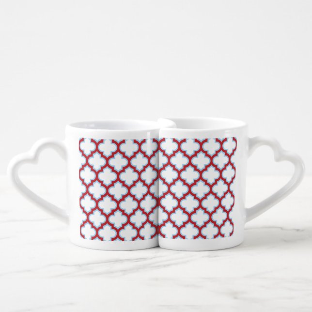 White and Red Trellis, Lattice, Quatrefoil Coffee Mug Set (Front Nesting)