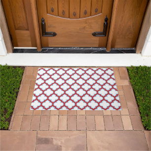 White and Red Trellis, Lattice, Quatrefoil Doormat