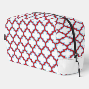 White and Red Trellis, Lattice, Quatrefoil Dopp Kit