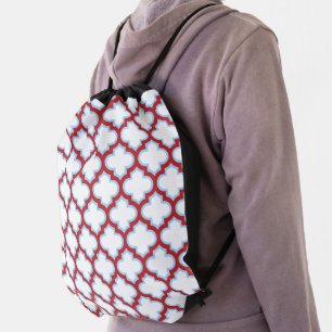 White and Red Trellis, Lattice, Quatrefoil Drawstring Bag