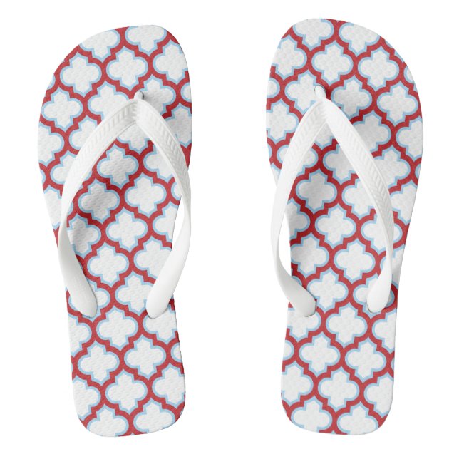 White and Red Trellis, Lattice, Quatrefoil Flip Flops (Footbed)