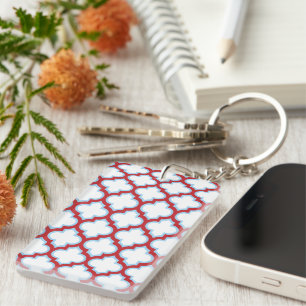 White and Red Trellis, Lattice, Quatrefoil Keychain