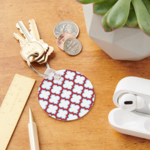 White and Red Trellis, Lattice, Quatrefoil Keychain