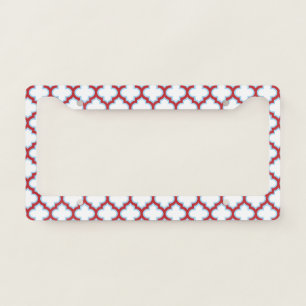 White and Red Trellis, Lattice, Quatrefoil License Plate Frame