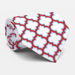 White and Red Trellis, Lattice, Quatrefoil Neck Tie
