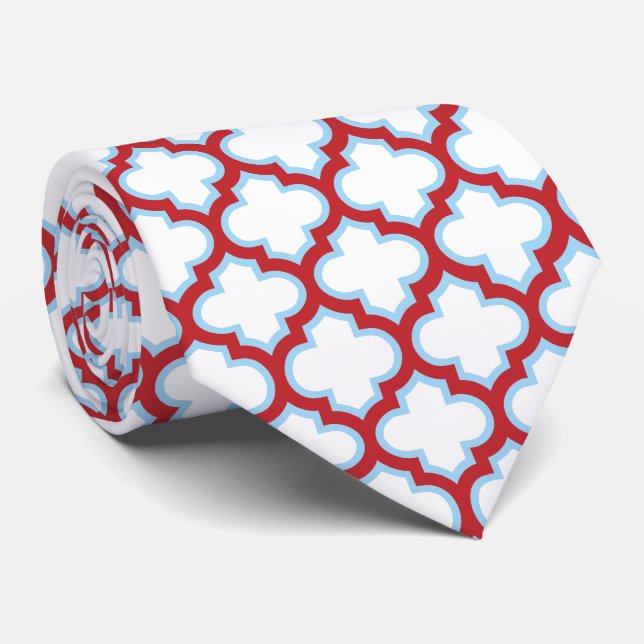 White and Red Trellis, Lattice, Quatrefoil Neck Tie (Rolled)