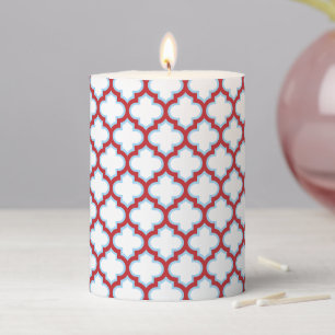 White and Red Trellis, Lattice, Quatrefoil Pillar Candle