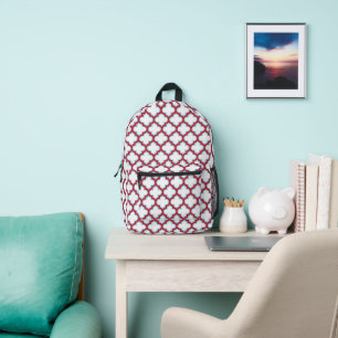 White and Red Trellis, Lattice, Quatrefoil Printed Backpack