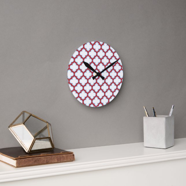White and Red Trellis, Lattice, Quatrefoil Round Clock (Office)