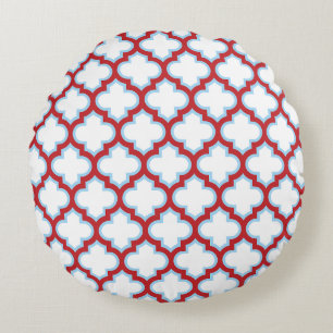 White and Red Trellis, Lattice, Quatrefoil Round Pillow