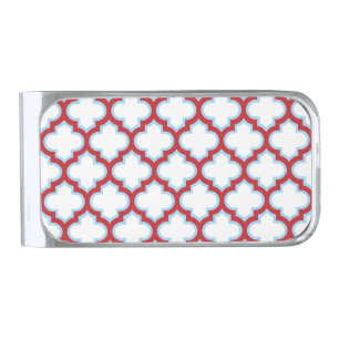 White and Red Trellis, Lattice, Quatrefoil Silver Finish Money Clip