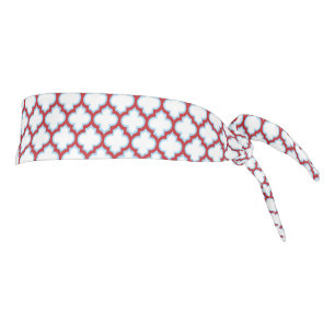 White and Red Trellis, Lattice, Quatrefoil Tie Headband