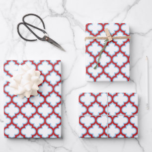 White and Red Trellis, Lattice, Quatrefoil Wrapping Paper Sheets