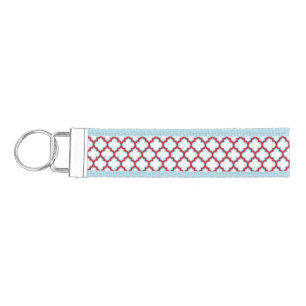 White and Red Trellis, Lattice, Quatrefoil Wrist Keychain