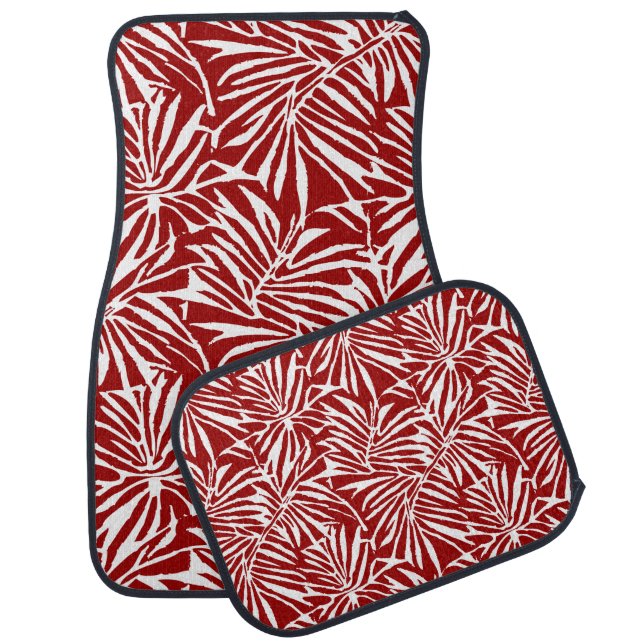 White And Red Tropical Leaf Repeating Pattern Car Floor Mat (Set)