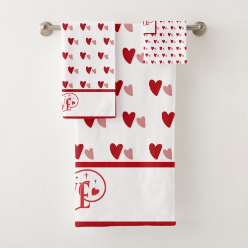 White and Red Valentine Hearts LOVE Bath Towel Set