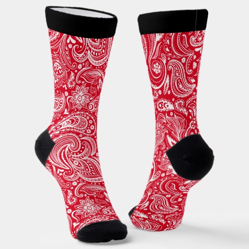 White and red vintage floral paisley pattern socks