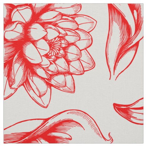 White And Red Vintage Flowers Drawing Fabric