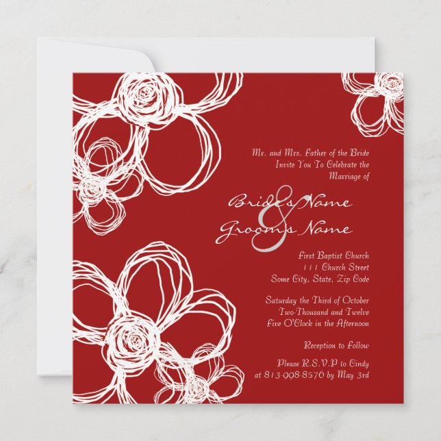 White and Red Wild Flowers Wedding Invitation (Front)