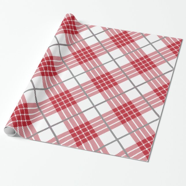 White and red with gray accents plaid pattern wrapping paper (Unrolled)