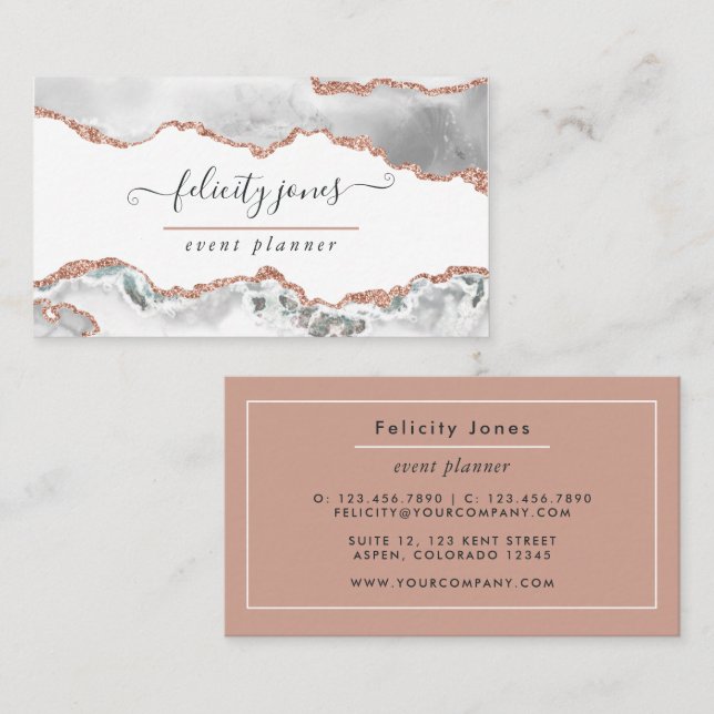 White and Rose Gold Agate Business Card (Front/Back)
