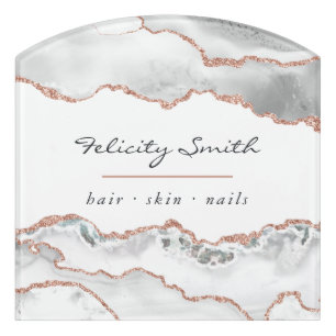 White and Rose Gold Agate Business Door Sign