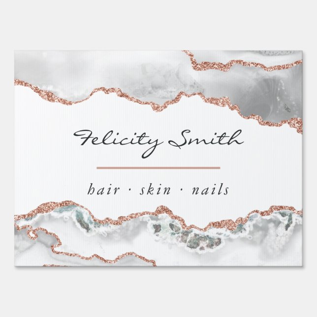 White and Rose Gold Agate Business Sign (Front)