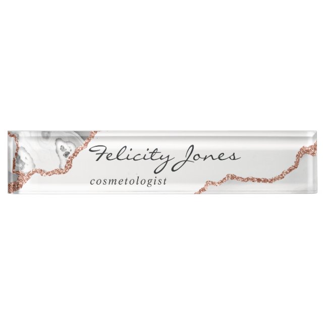White and Rose Gold Agate Desk Name Plate (Front)