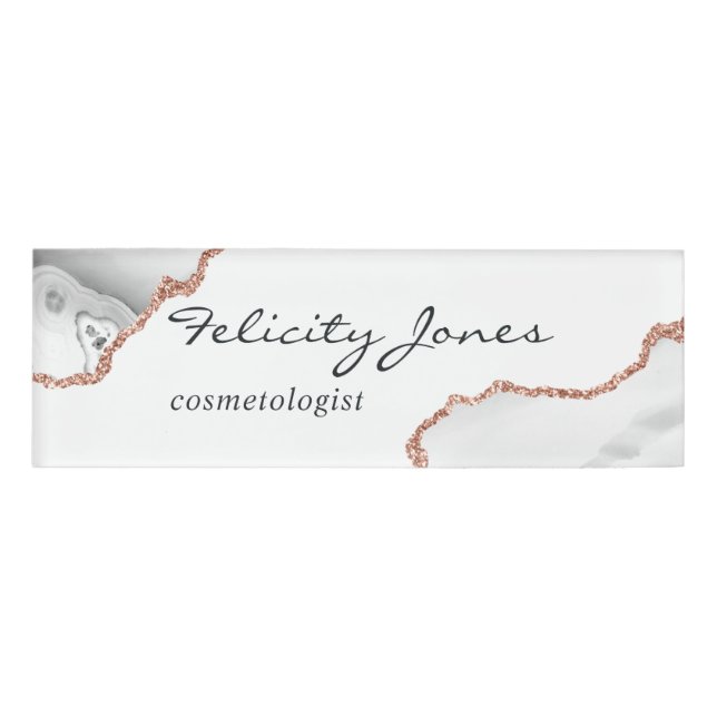 White and Rose Gold Agate Name Tag (Front)