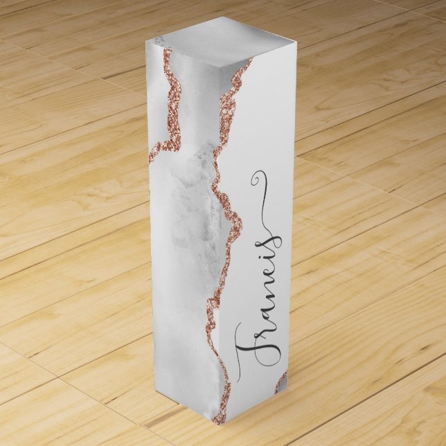 White and Rose Gold Agate Personalized Wine Box (Front)