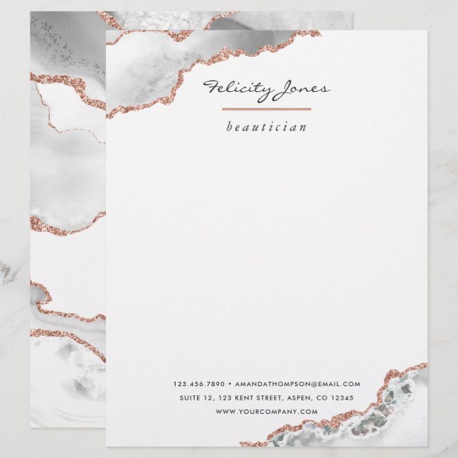 White and Rose Gold Agate Stone Business Letterhead (Front/Back)