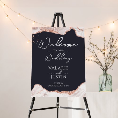 White and Rose Gold Agate Wedding Welcome Sign