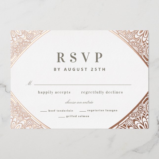 White and Rose Gold Arabesque Foil Invitation (Front)