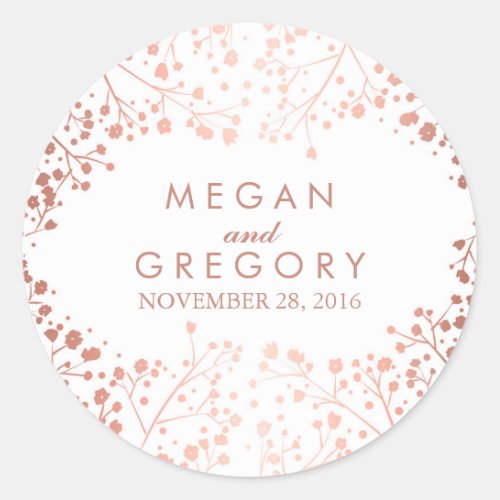 White and Rose Gold Babys Breath Wedding Classic Round Sticker