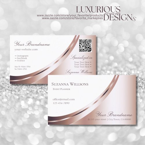 White and Rose Gold Decor with QR_Code Luxurious Business Card