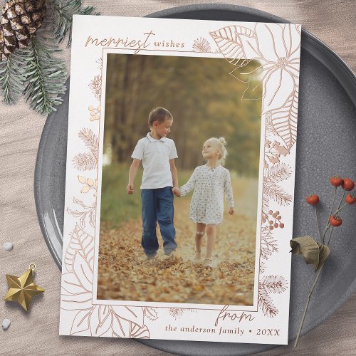White and Rose Gold  Elegant Christmas 1 Photo Foil Holiday Card