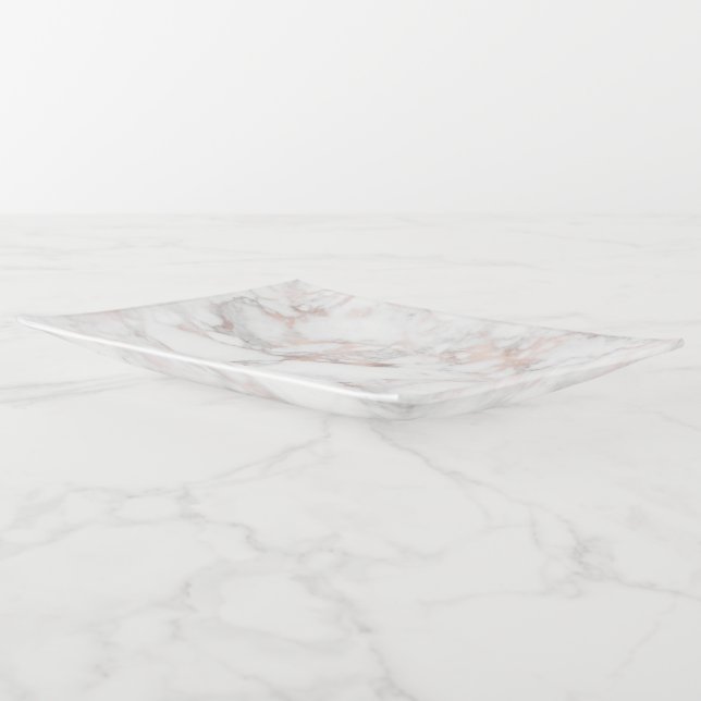 White and rose gold faux marble background trinket tray (Angled)