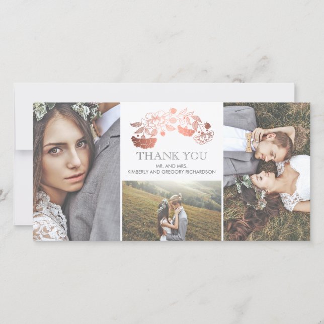 White and Rose Gold Floral Wedding Thank You Card (Front)