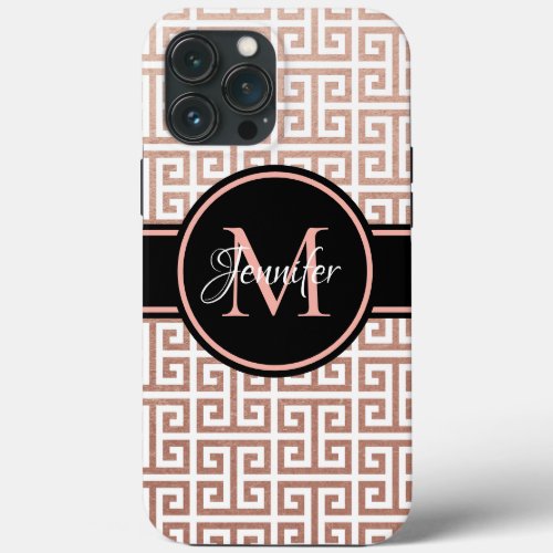 White and Rose Gold Foil Greek Key Black Monogram iPhone 13 Pro Max Case