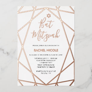 White and Rose Gold Geometric   Bat Mitzvah Foil Invitation