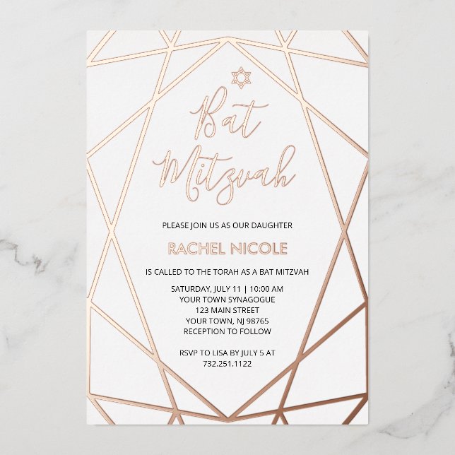 White and Rose Gold Geometric | Bat Mitzvah Foil Invitation (Front)