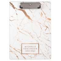 White and Rose Gold Marble Designer Personalized Clipboard
