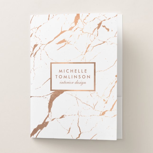 White and Rose Gold Marble Designer Personalized Pocket Folder (Front)