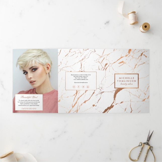 White and Rose Gold Marble Salon Brochure (Outside)