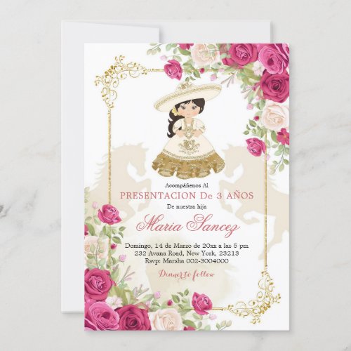 White and Rose Gold Mexican Girl Floral 3 Anos Invitation