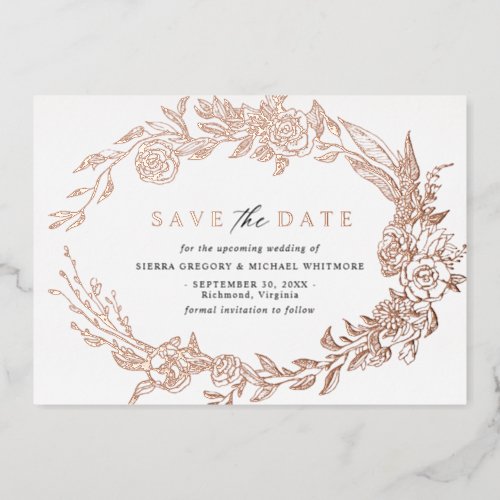 White and Rose Gold  Modern Floral Save the Date Foil Invitation
