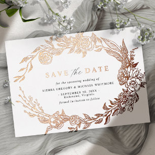 White and Rose Gold   Modern Floral Save the Date Foil Invitation